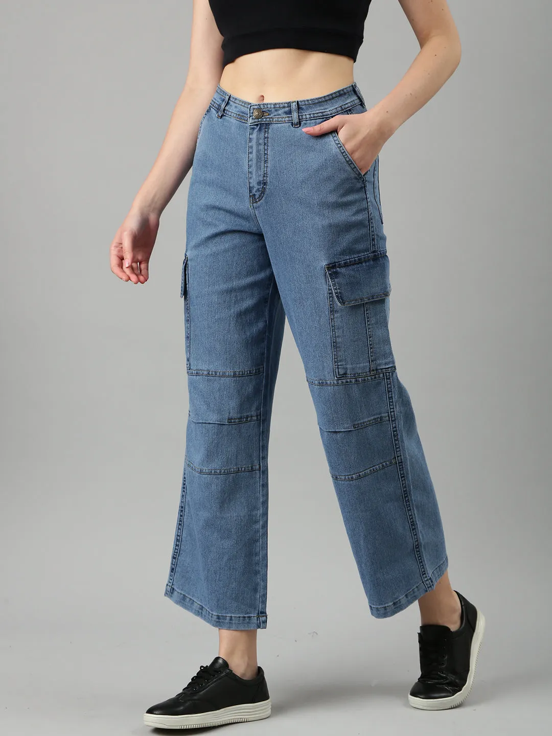 Women's Blue Wide Leg Fit Acid Wash Denim Cargo Jeans Anti Slip Belt Loops