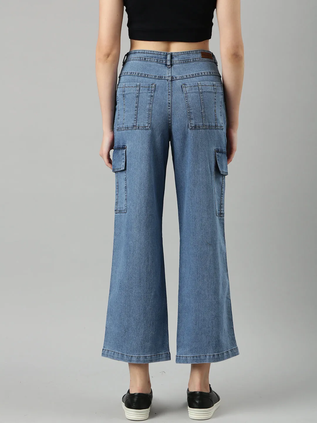 Street Essential Simple Wear Women's Blue Wide Leg Fit Acid Wash Denim Cargo Jeans