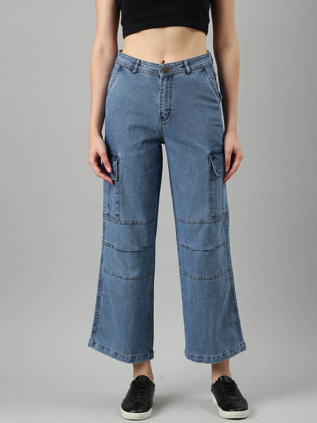 Effortless casual Women's Blue Wide Leg Fit Acid Wash Denim Cargo Jeans