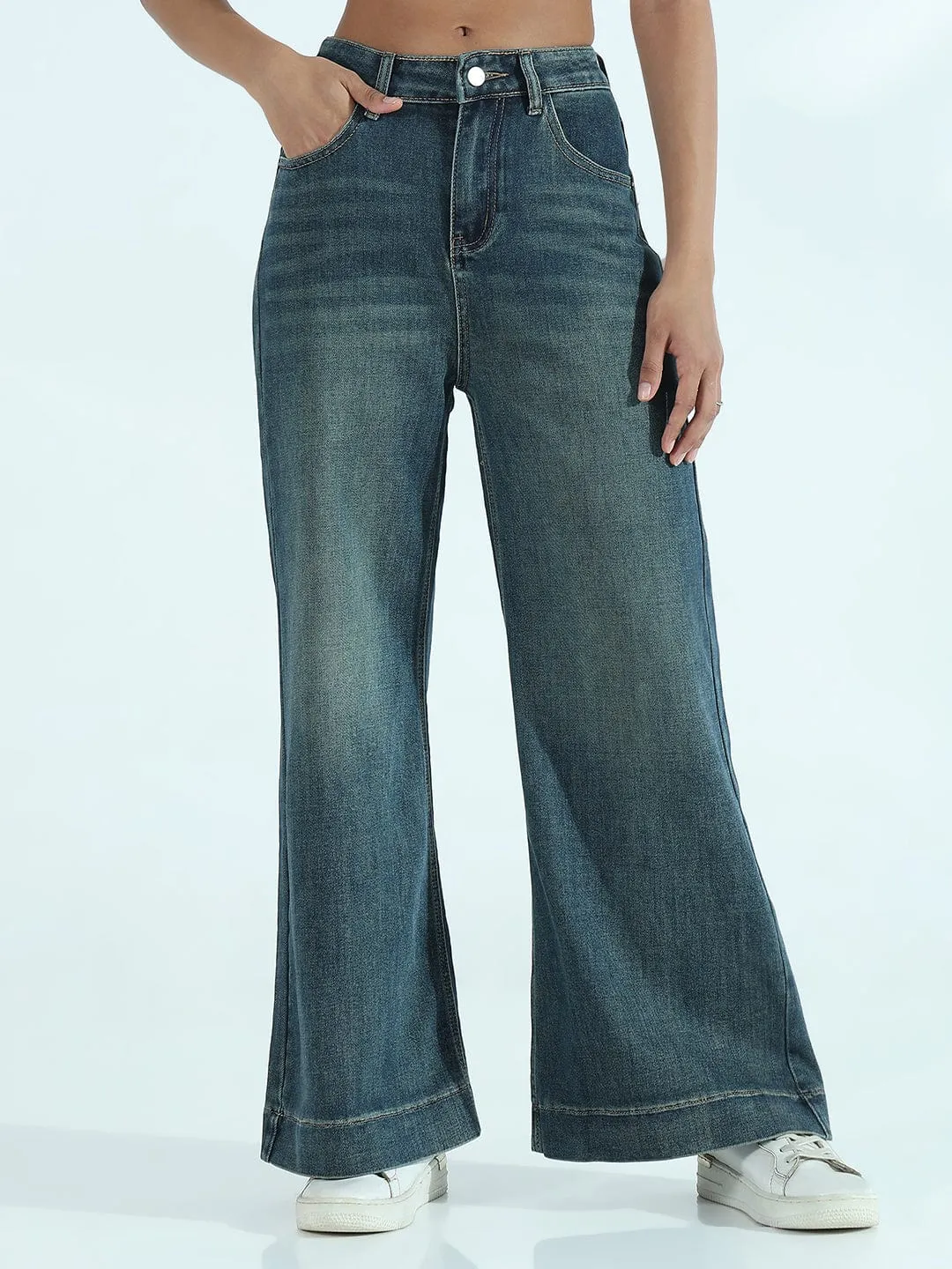Women's Blue Wide-Leg Flare Jeans with Bottom Hem Smart Layer Timeless Comfort