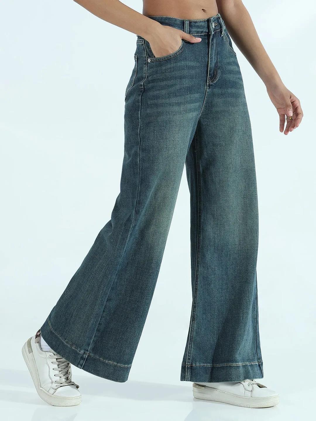 Women's Blue Wide-Leg Flare Jeans with Bottom Hem Parent Style Evening Stroll Festival Outfit