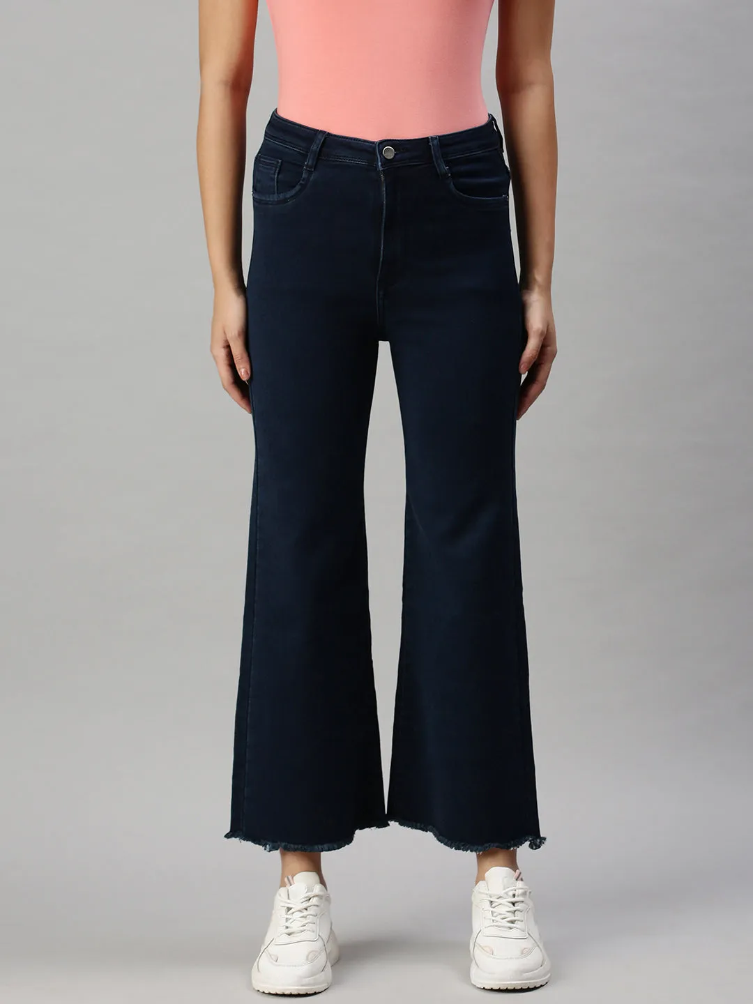 Women's Blue Wide Leg High-Rise Clean Look Stretchable Jeans Core Look