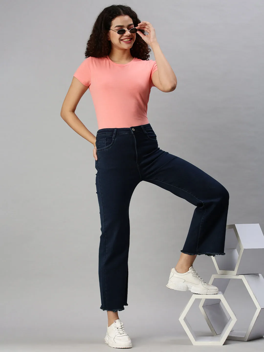 Women's Blue Wide Leg High-Rise Clean Look Stretchable Jeans Flexible Fit