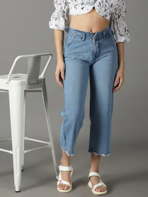 Women's Blue Wide Leg High-Rise Cropped Stretchable Jeans Couple Look Elegant Summer Vibes
