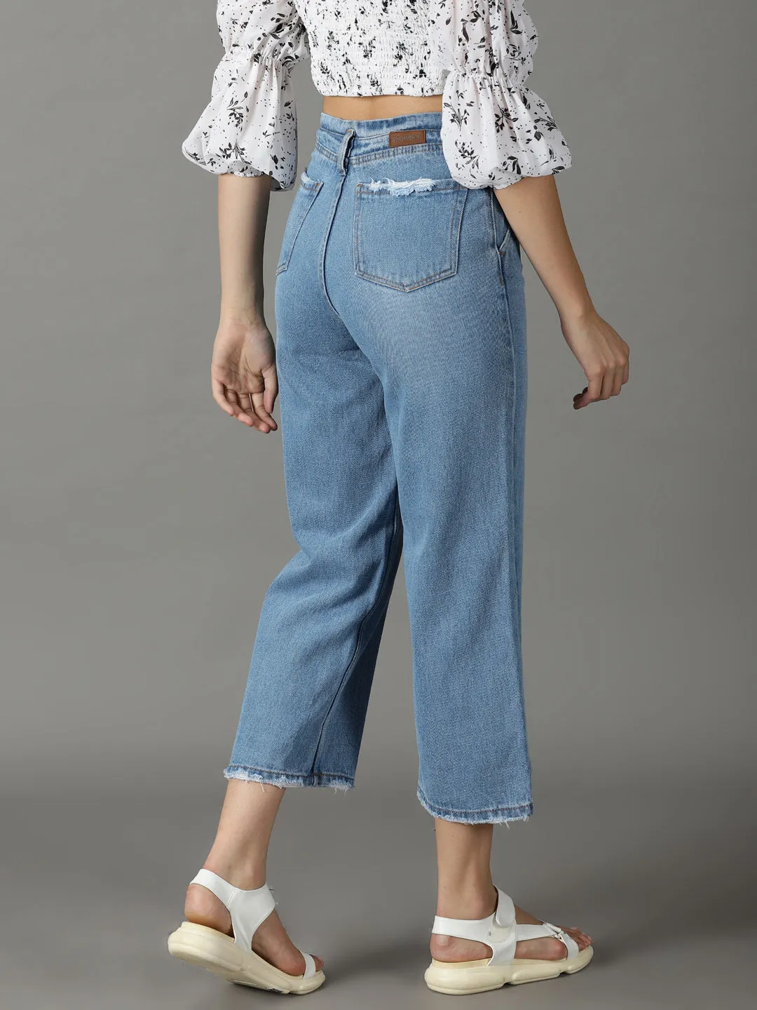 Women's Blue Wide Leg High-Rise Cropped Stretchable Jeans clean look