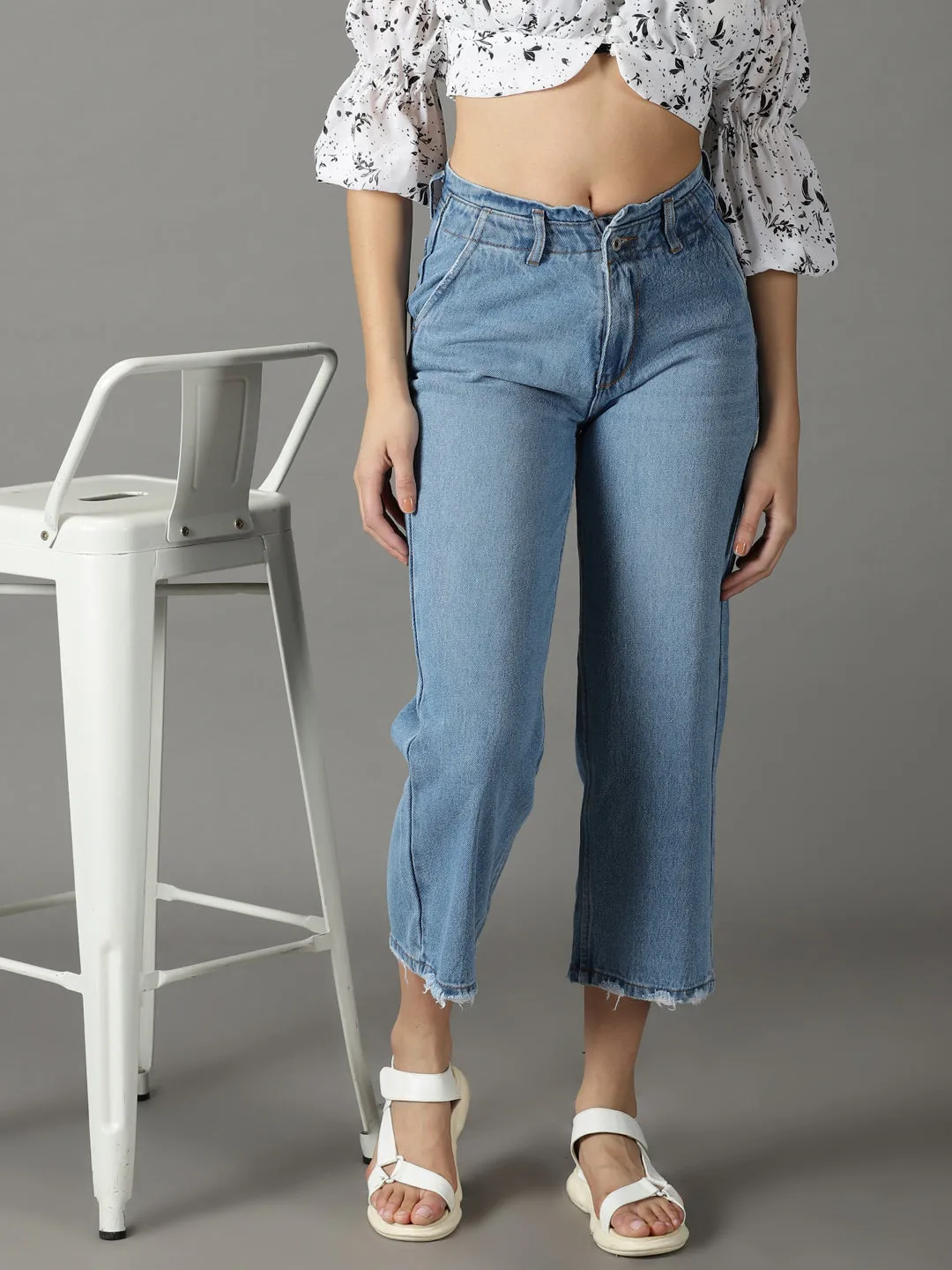 Women's Blue Wide Leg High-Rise Cropped Stretchable Jeans Couple Look Elegant Summer Vibes