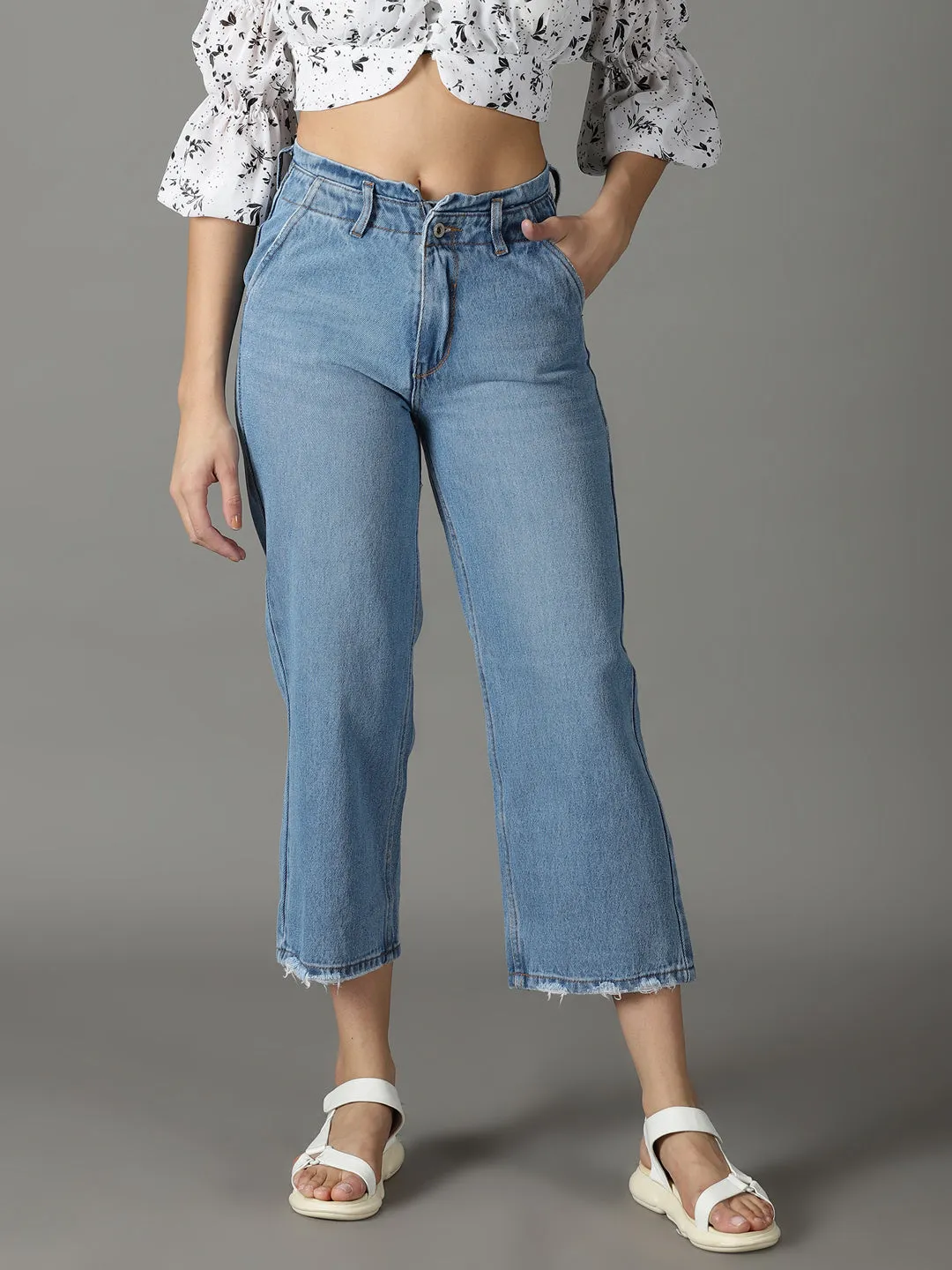 Casual Design Clean Shape Women's Blue Wide Leg High-Rise Cropped Stretchable Jeans