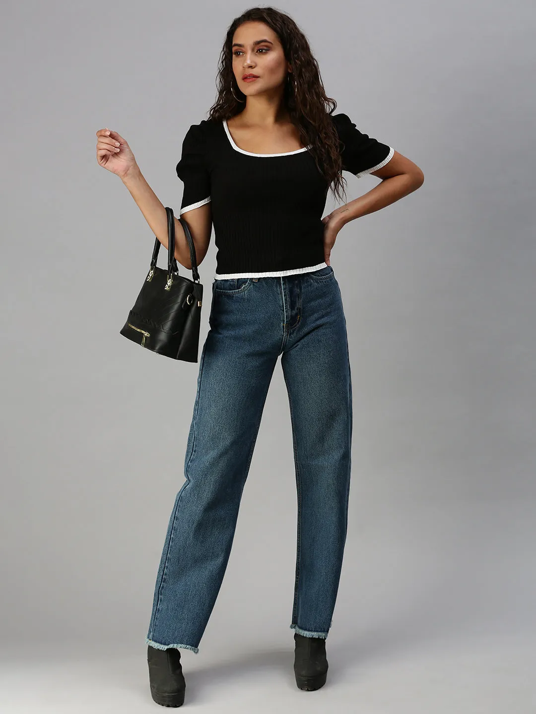 Women's Blue Wide Leg High-Rise Denim Jeans Urban Style Neutral Fabric