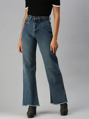 Women's Blue Wide Leg High-Rise Denim Jeans All Fit Style Casual Essentials