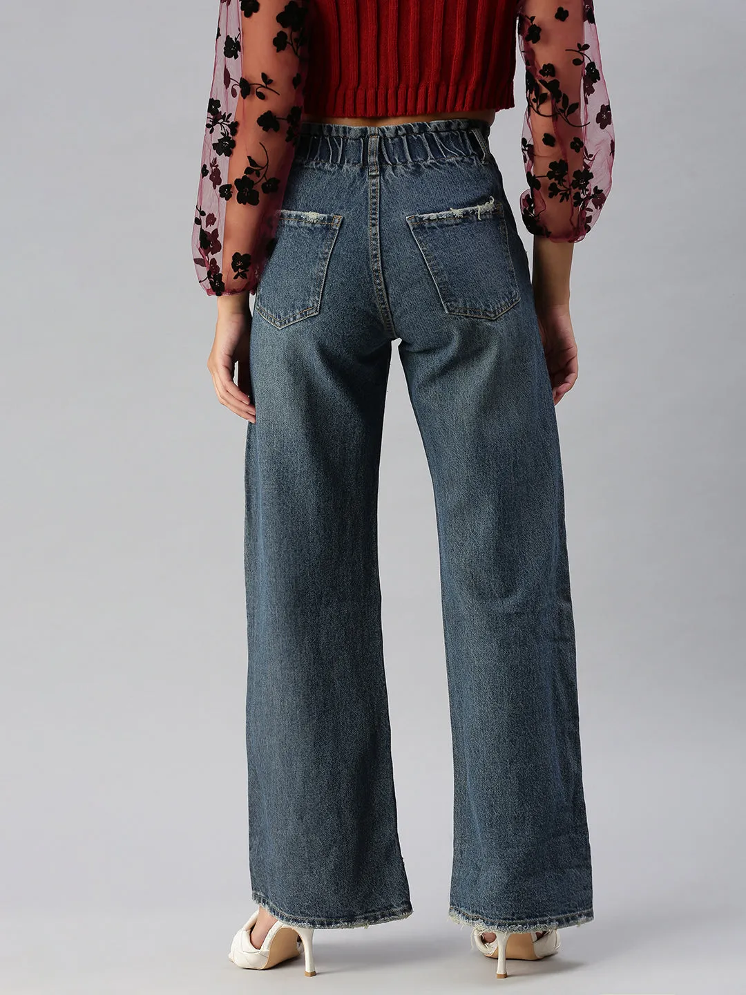 Women's Blue Wide Leg High-Rise Heavy Fade Jeans Cool Weather