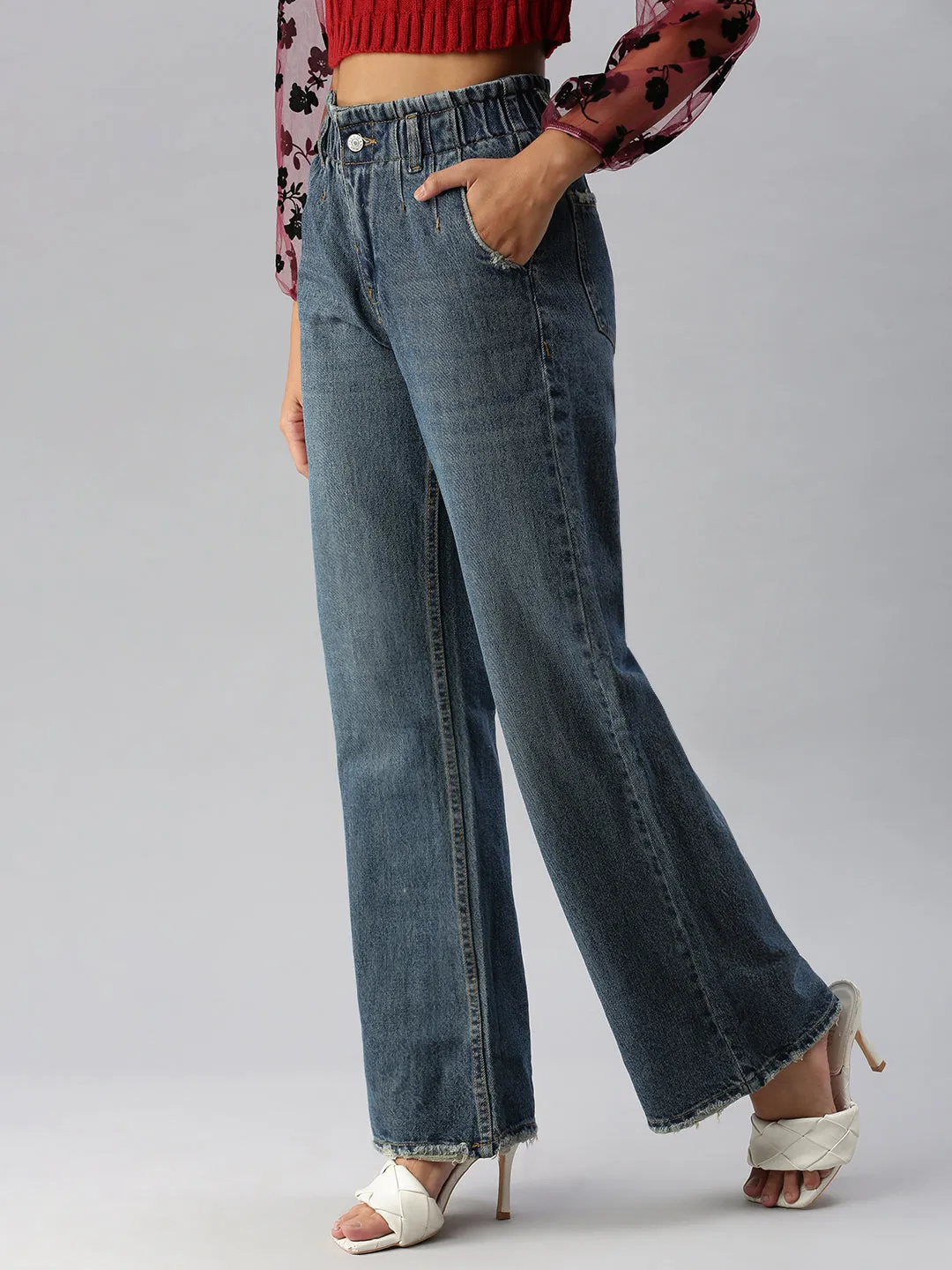 Women's Blue Wide Leg High-Rise Heavy Fade Jeans Functional Style
