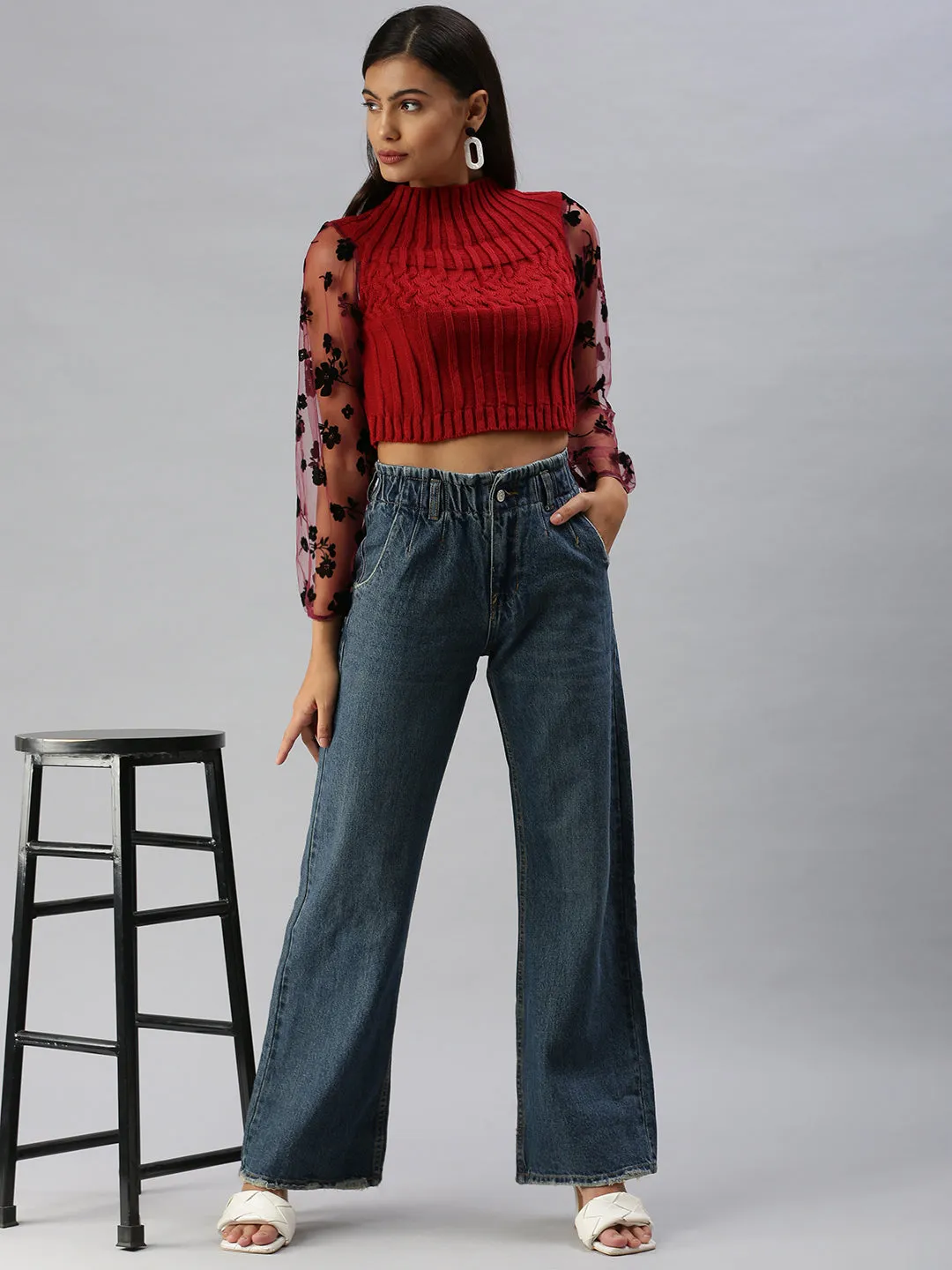 Women's Blue Wide Leg High-Rise Heavy Fade Jeans Couple Look Lightweight