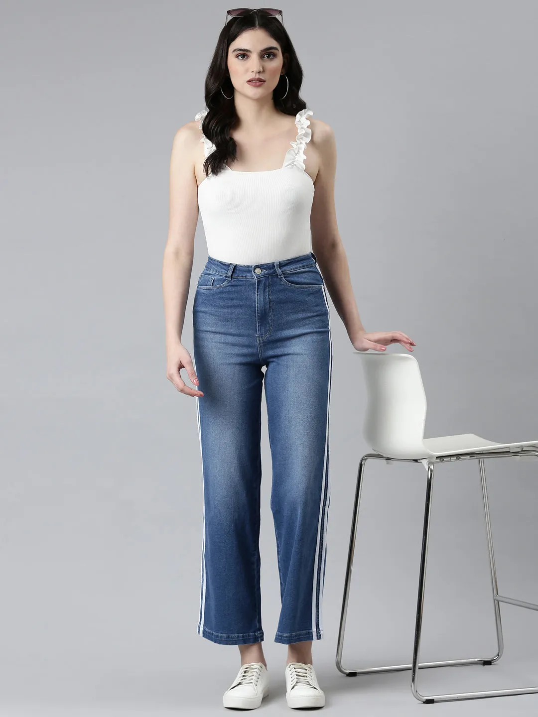 Women's Blue Wide Leg High-Rise Light Fade Side Stripes Denim Jeans Office Casual