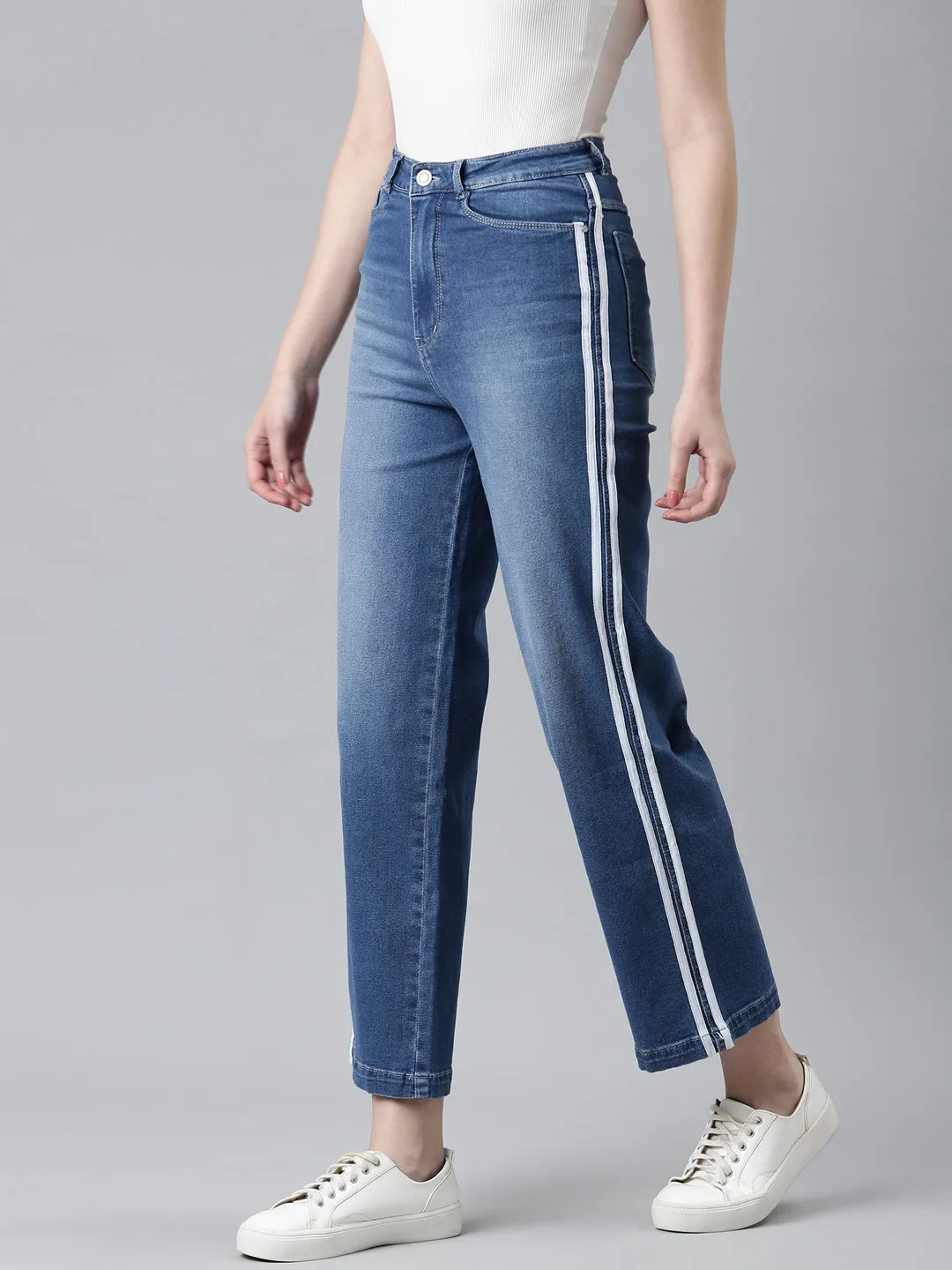 Bold Earthy Women's Blue Wide Leg High-Rise Light Fade Side Stripes Denim Jeans
