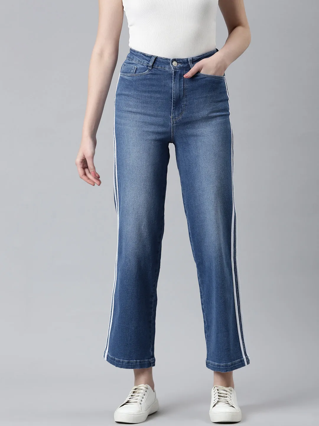 Women's Blue Wide Leg High-Rise Light Fade Side Stripes Denim Jeans Elegant Formal All Rounder