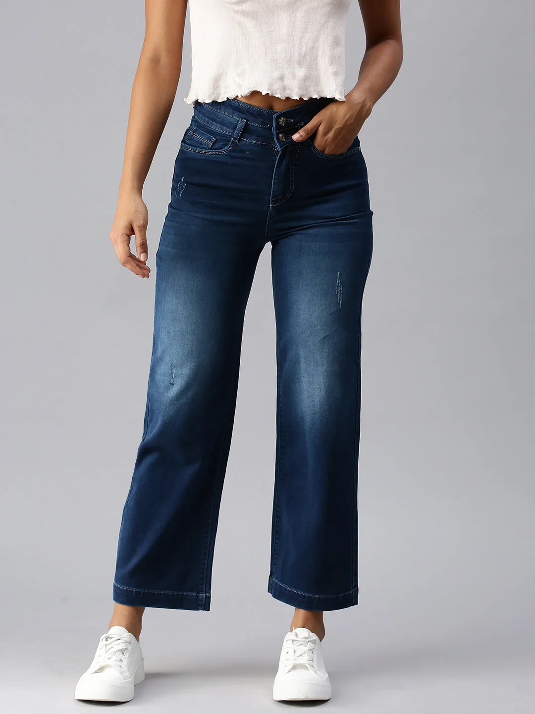 Women's Blue Wide Leg High-Rise Low Distress Light Fade Stretchable Denim Jeans Daily Uniform