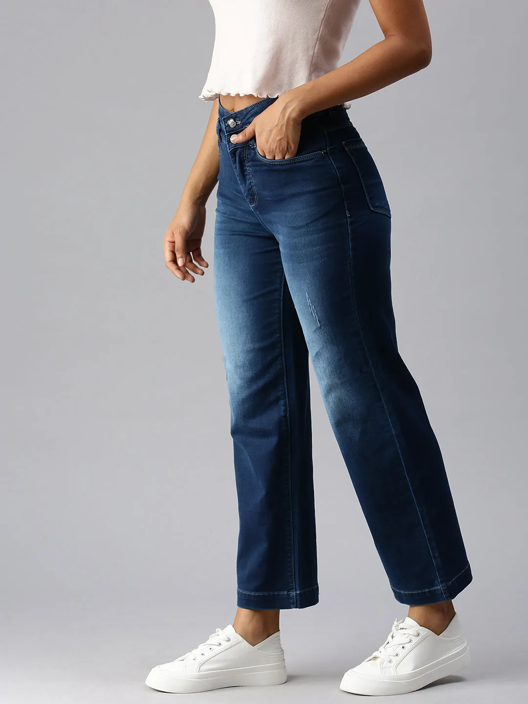 Women's Blue Wide Leg High-Rise Low Distress Light Fade Stretchable Denim Jeans Lightweight Parent Style Durable Weekend Style Rainy Day