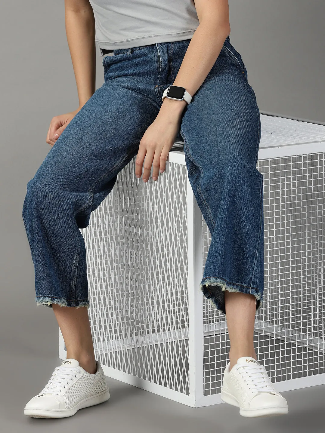 Women's Blue Wide Leg High-Rise Mildly Distressed Light Fade Acid Wash Stretchable Jeans Soft Touch