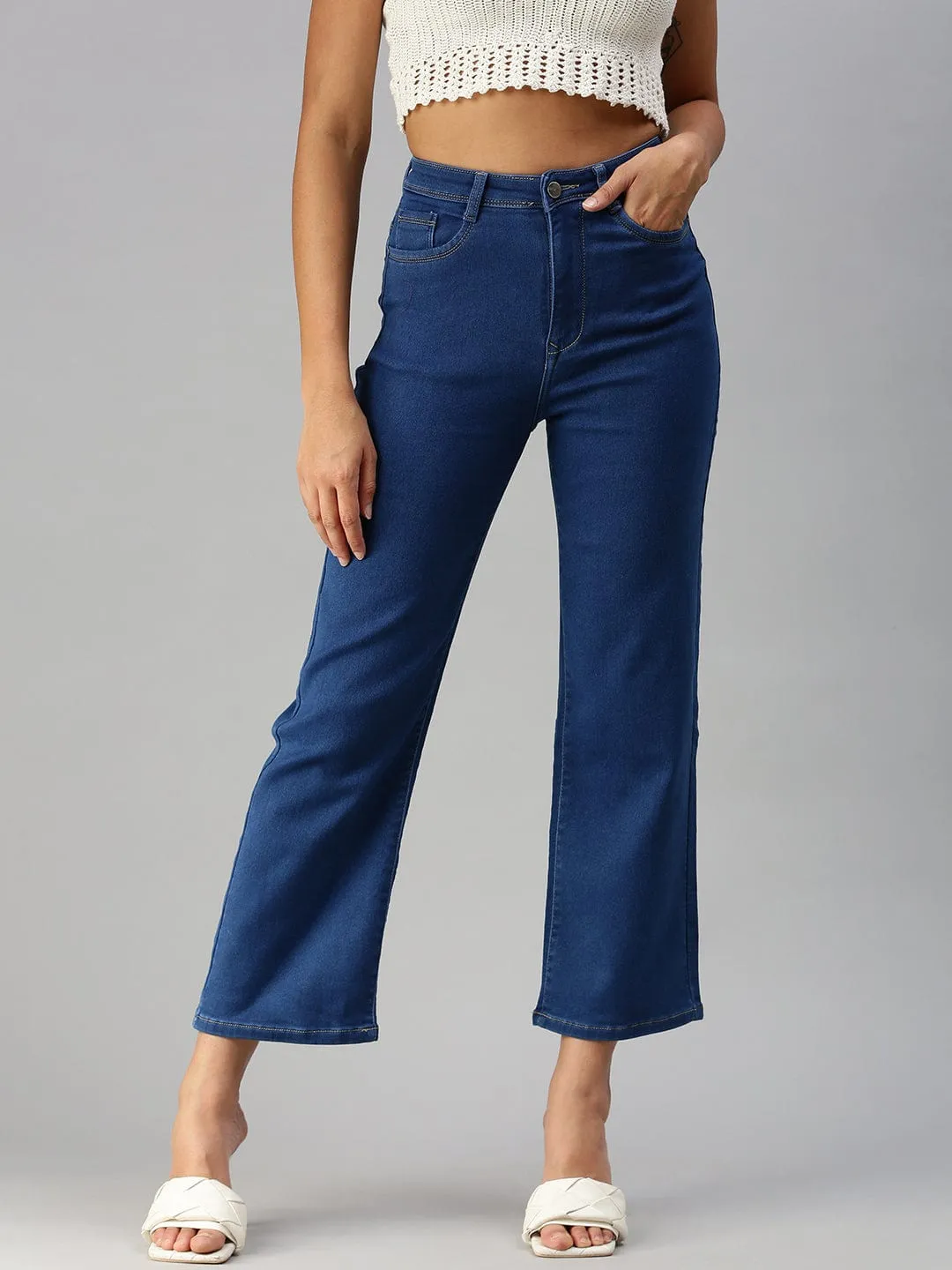 Sporty Look Reinforced Stitching Details Women's Blue Wide Leg High-Rise Stretchable Jeans