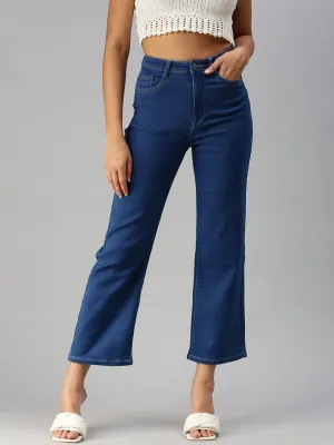 Sporty Look Reinforced Stitching Details Women's Blue Wide Leg High-Rise Stretchable Jeans