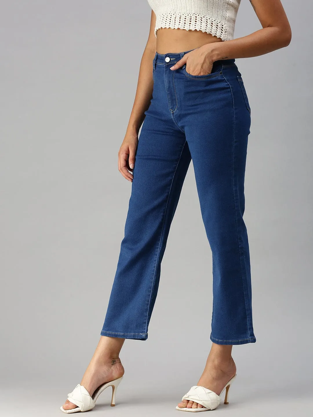 Office Wear Casual Women's Blue Wide Leg High-Rise Stretchable Jeans