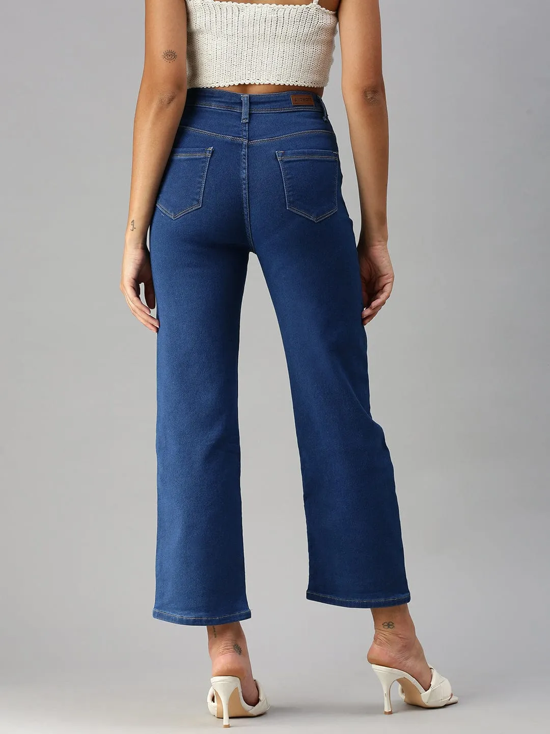 Women's Blue Wide Leg High-Rise Stretchable Jeans Reinforced Stitching Details Weekend Warrior Elegant