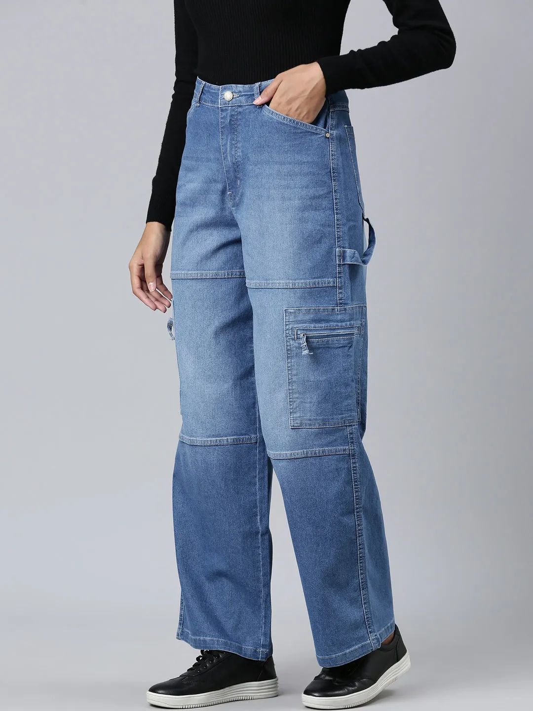 Youth Style Weekend Style Rainy Day Women's Blue Wide Leg Light Fade Denim Cargo Jeans