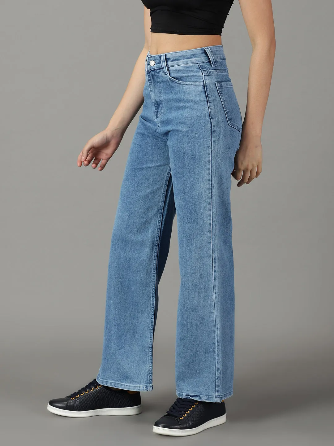 Style Simplicity Daily Wear Festival Outfit Women's Blue Wide Leg Mid-Rise Bleached Stretchable Cotton Jeans