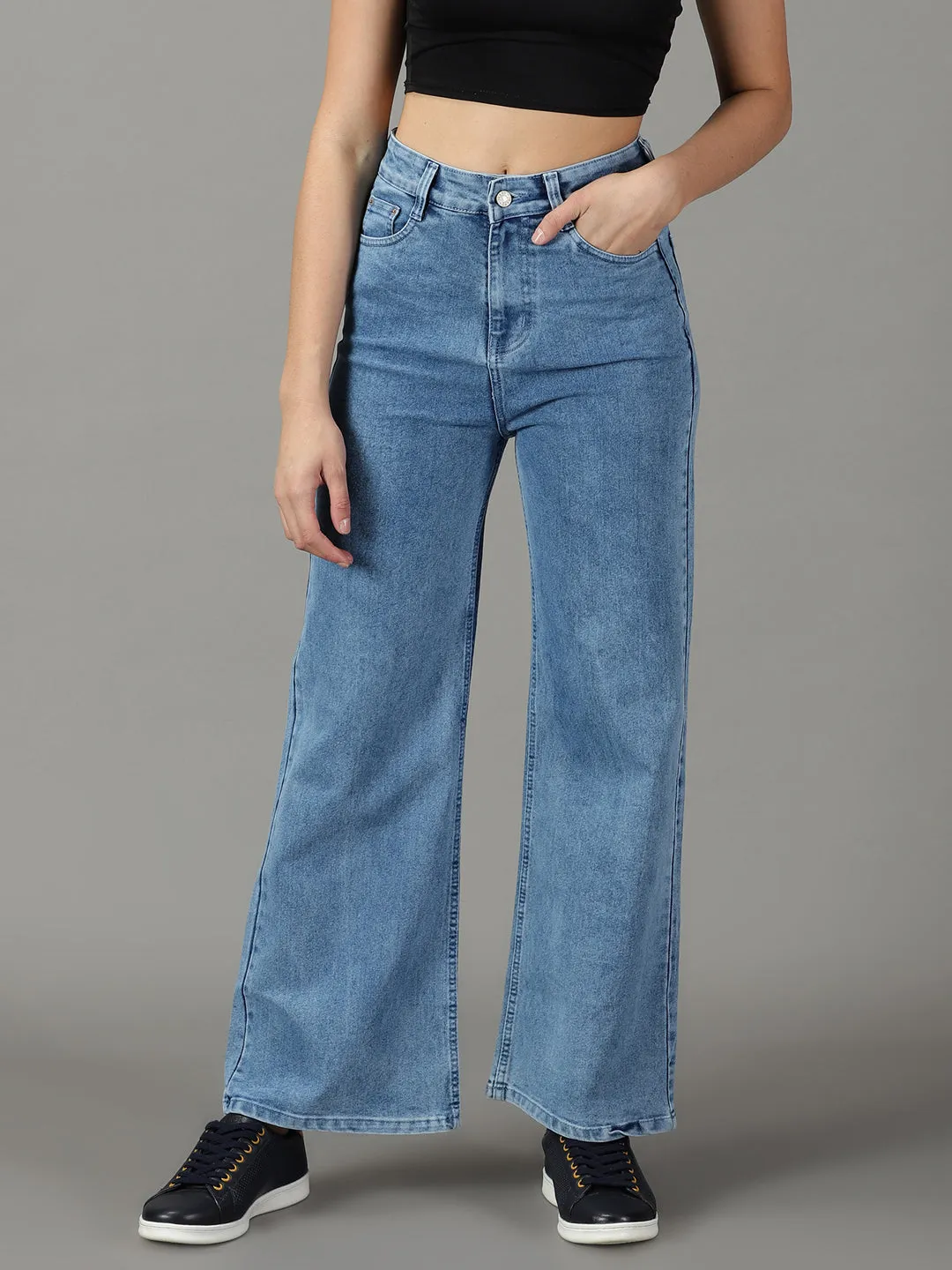 Garment Dyed Texture Women's Blue Wide Leg Mid-Rise Bleached Stretchable Cotton Jeans
