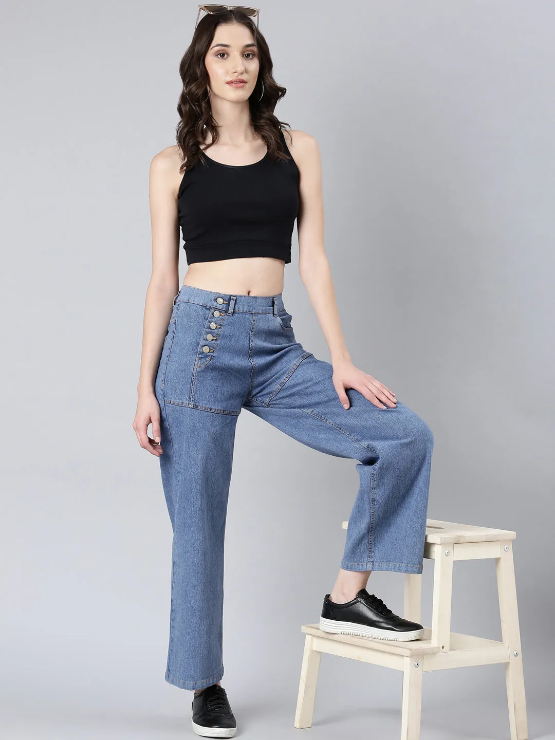 Women's Blue Wide Leg Stretchable Denim Jeans Comfortable Edge