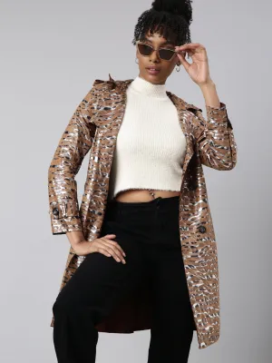 Quilted Interior Reflective details Women's Brown Abstract Printed Double Breasted Notched Longline Trench Coat