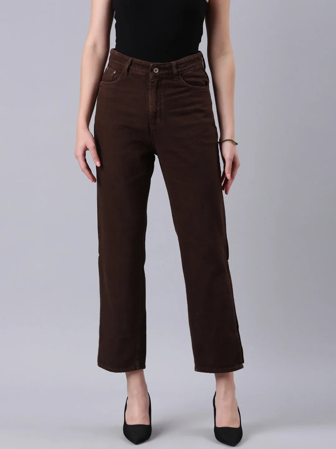 Women's Brown Clean Look Mid-Rise Wide Leg Denim Jeans Subtle design Classic Office Wear