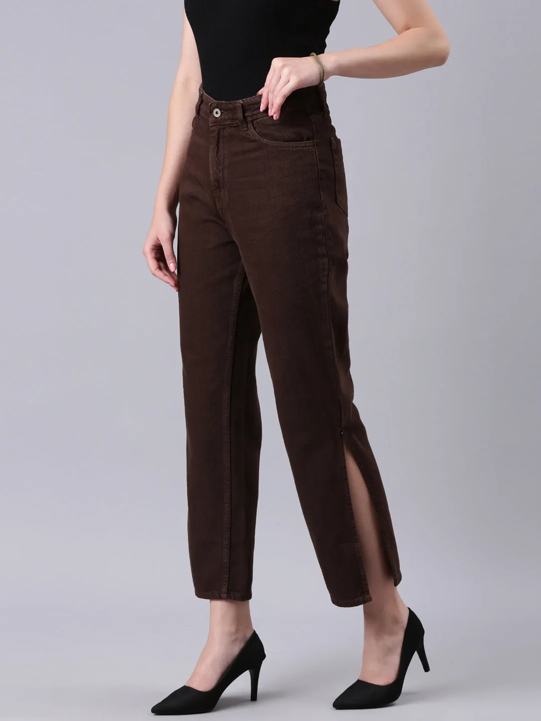 Women's Brown Clean Look Mid-Rise Wide Leg Denim Jeans tailored look