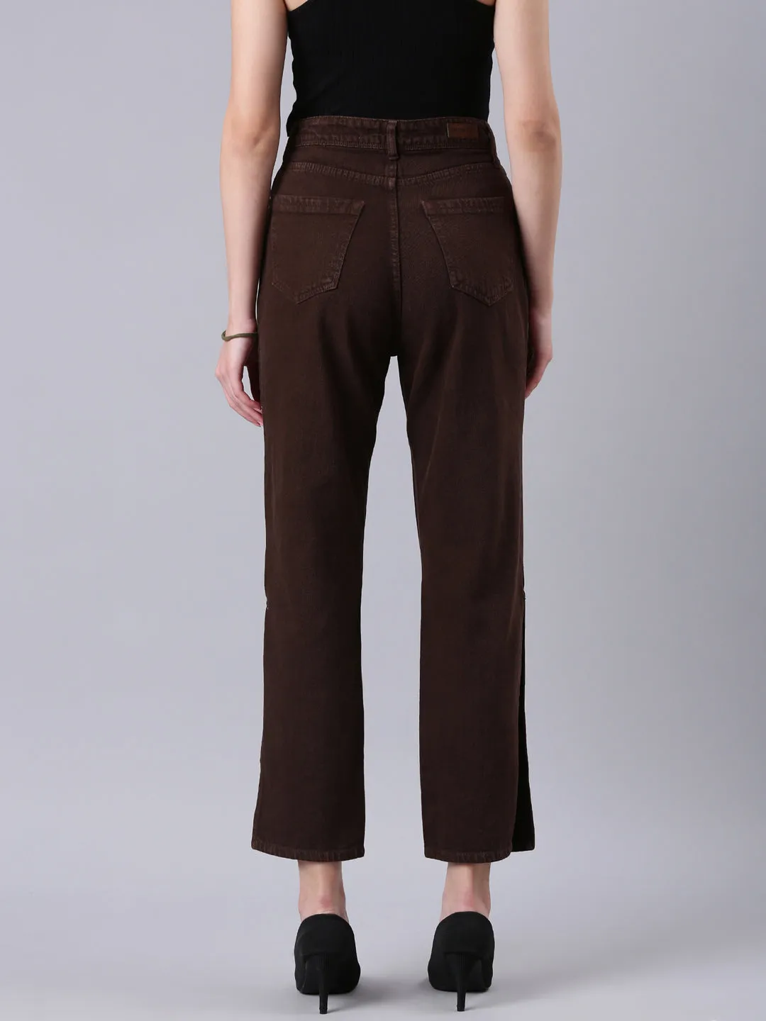 Women's Brown Clean Look Mid-Rise Wide Leg Denim Jeans Total Comfort