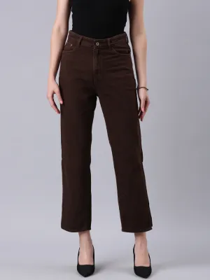 Women's Brown Clean Look Mid-Rise Wide Leg Denim Jeans Subtle design Classic Office Wear