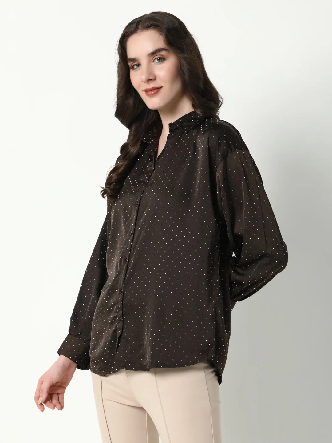 Women's Brown Comfort Spread Collar Micro Ditsy Printed Satin Relaxed Fit Casual Shirt Side Vent Design Playful Design