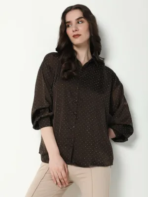 Women's Brown Comfort Spread Collar Micro Ditsy Printed Satin Relaxed Fit Casual Shirt Breathable Mesh Panels
