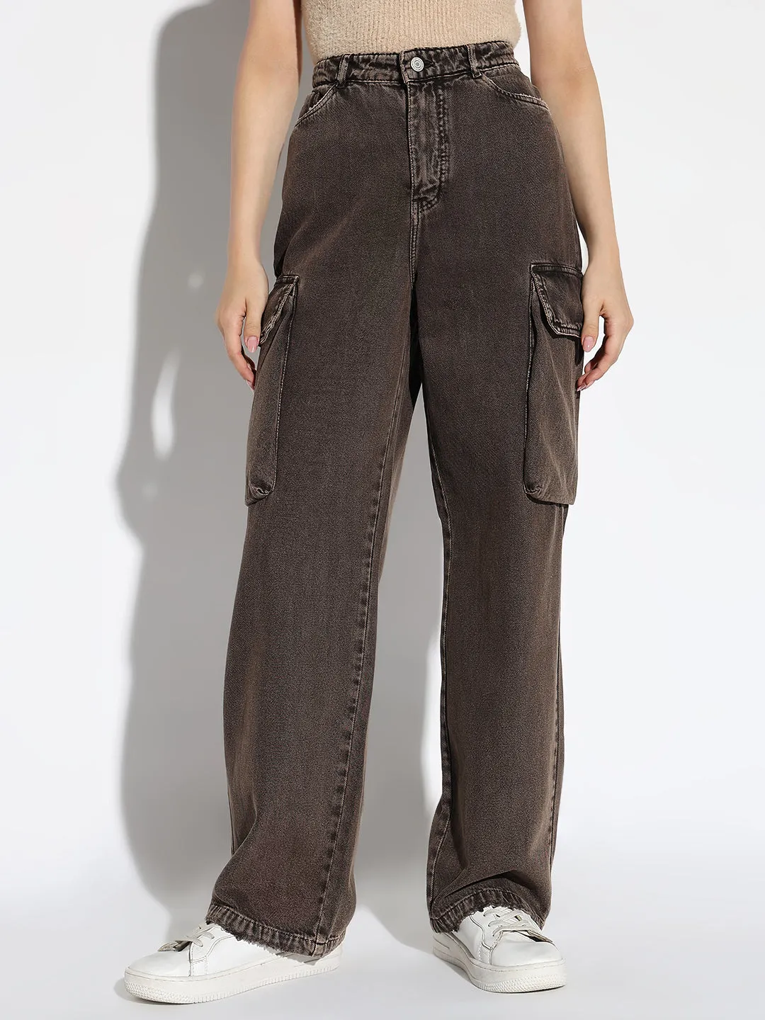 Traveler Gear Earthy Women's Brown Comfort Wide Leg Light Fade Cargo Jeans