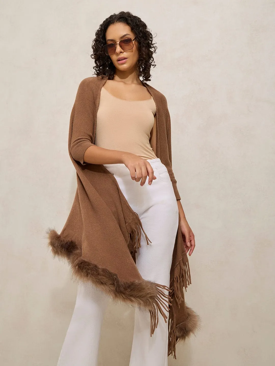 Functional Piece Women's Brown Faux Fur Trim Open Front Poncho with Fringe Detailing
