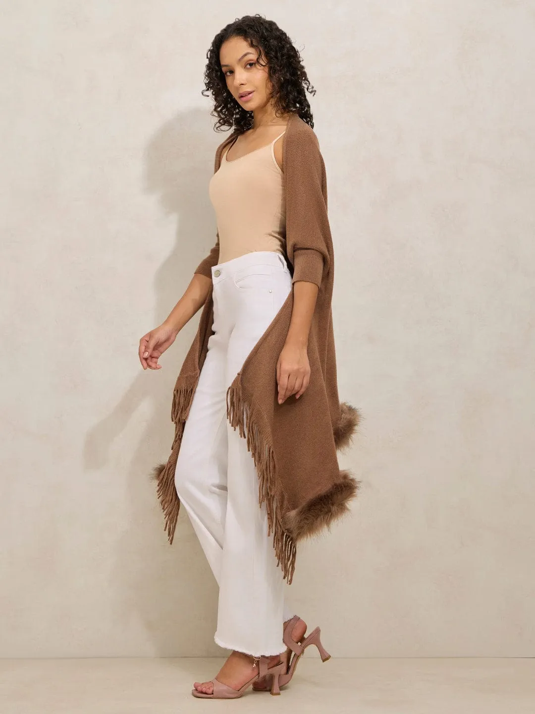 Urban Look HeatTrapping Fibers Women's Brown Faux Fur Trim Open Front Poncho with Fringe Detailing