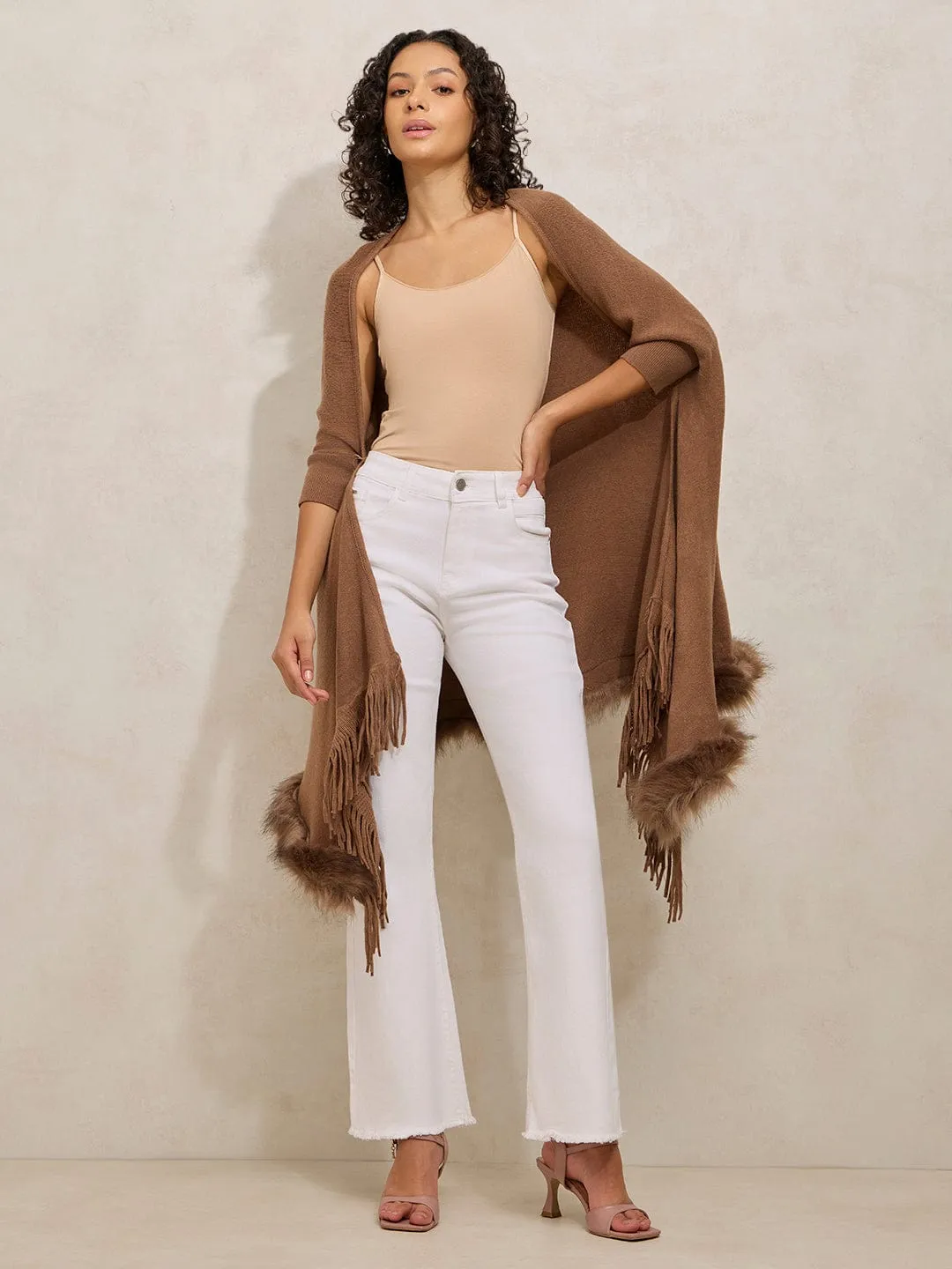 Women's Brown Faux Fur Trim Open Front Poncho with Fringe Detailing Cable Stitch Simple Piece