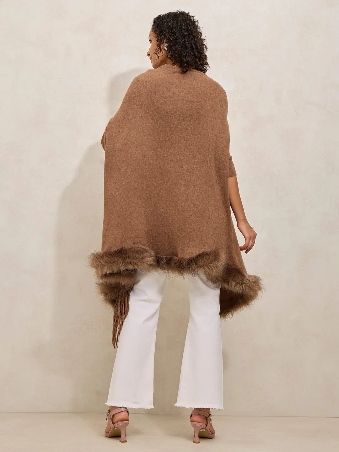 Women's Brown Faux Fur Trim Open Front Poncho with Fringe Detailing Mood Booster