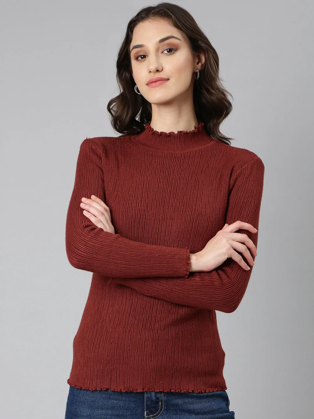 Women's Brown Mock Collar Self Design Pullover Acrylic Sweater Stretch Recovery Yarn ZeroWaste Knitting Technique