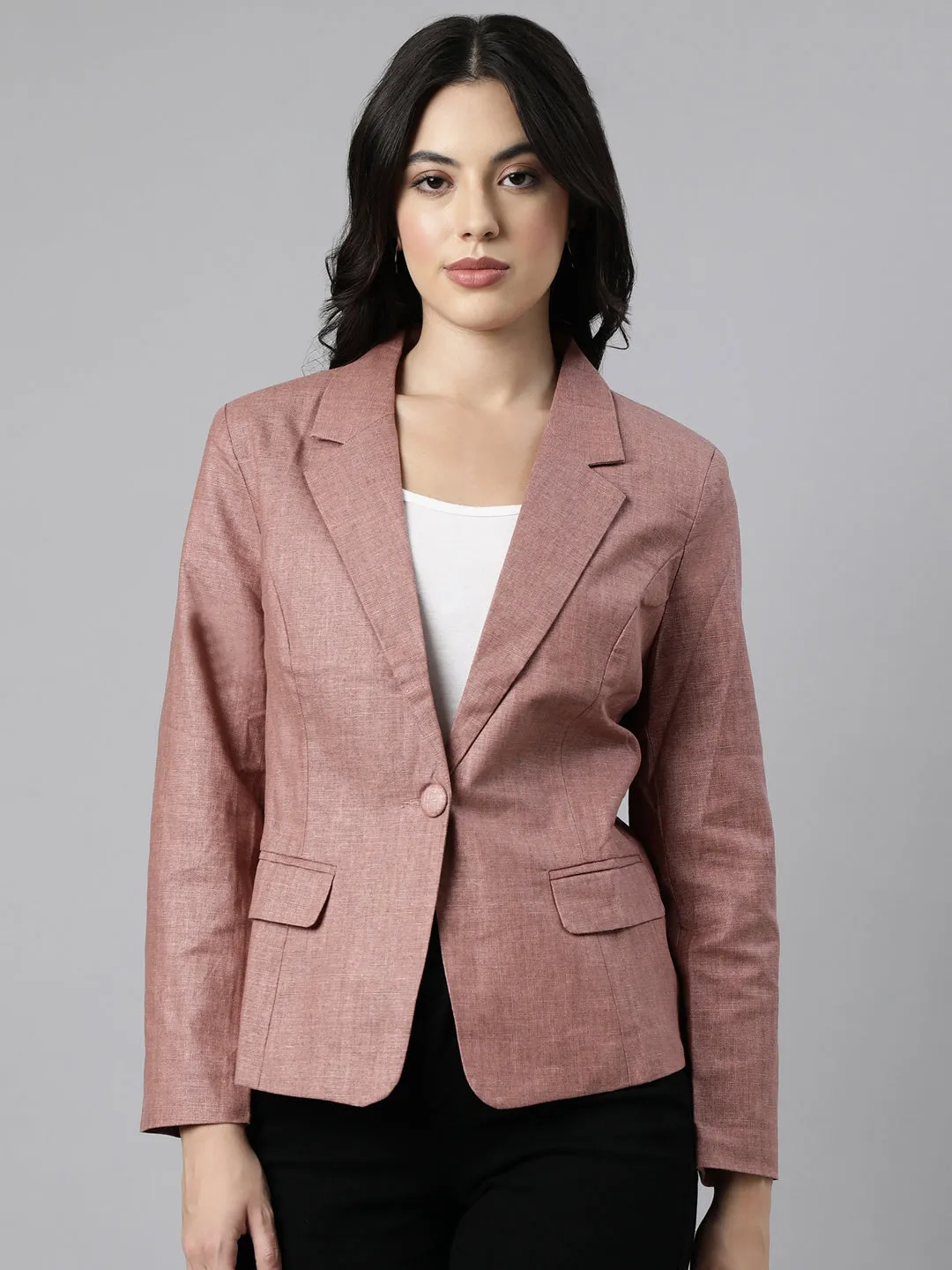 Magnetic Closures Women's Brown Notched Lapel Collar Single Breasted Slim-Fit Blazer
