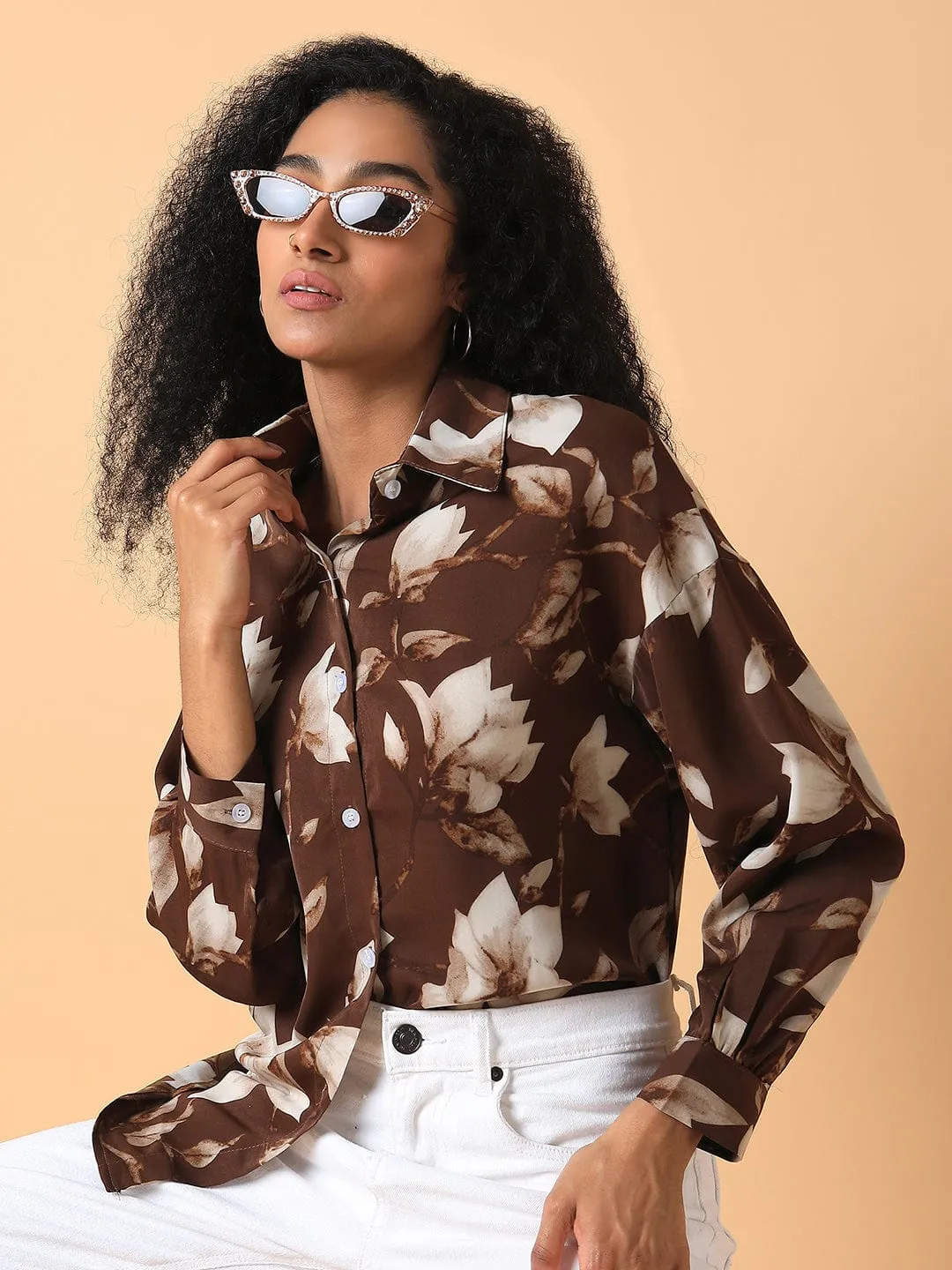 Women's Brown Relaxed Floral Printed Oversized Shirt Subtle Embroidery