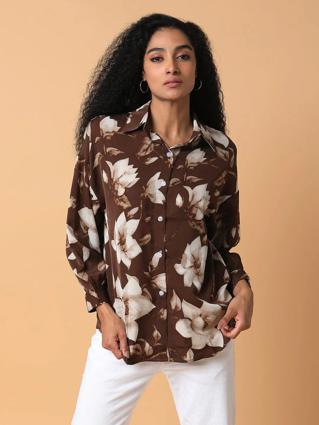 Women's Brown Relaxed Floral Printed Oversized Shirt Quick Comfort Wear