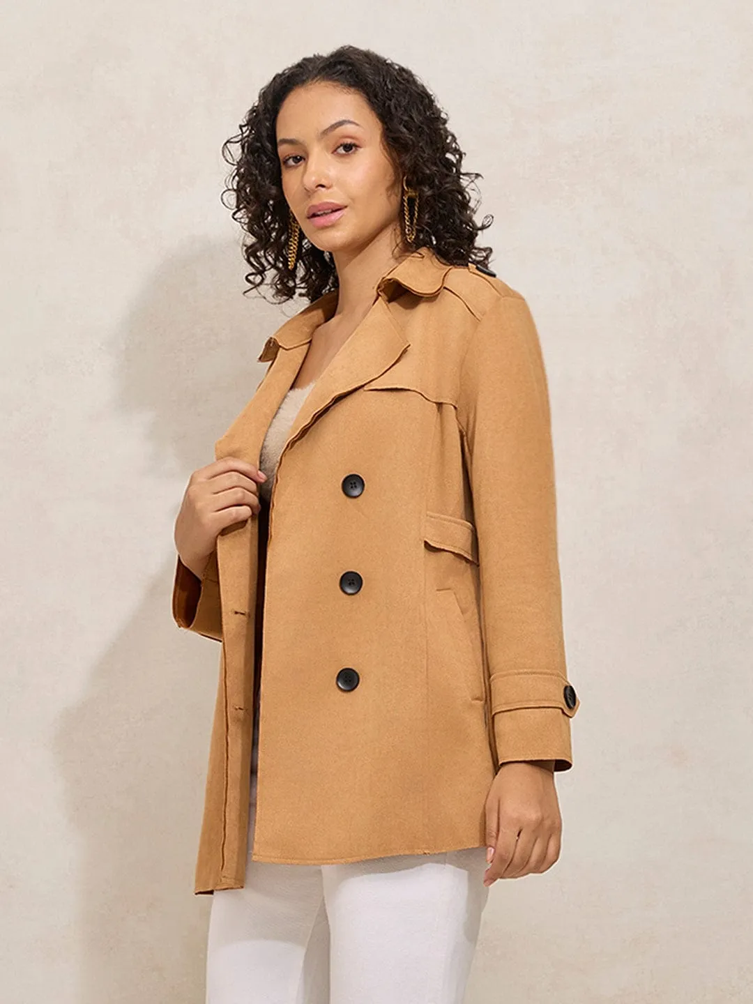 Cozy Fit AdjustableCuffs Women's Brown Short Trench Coat