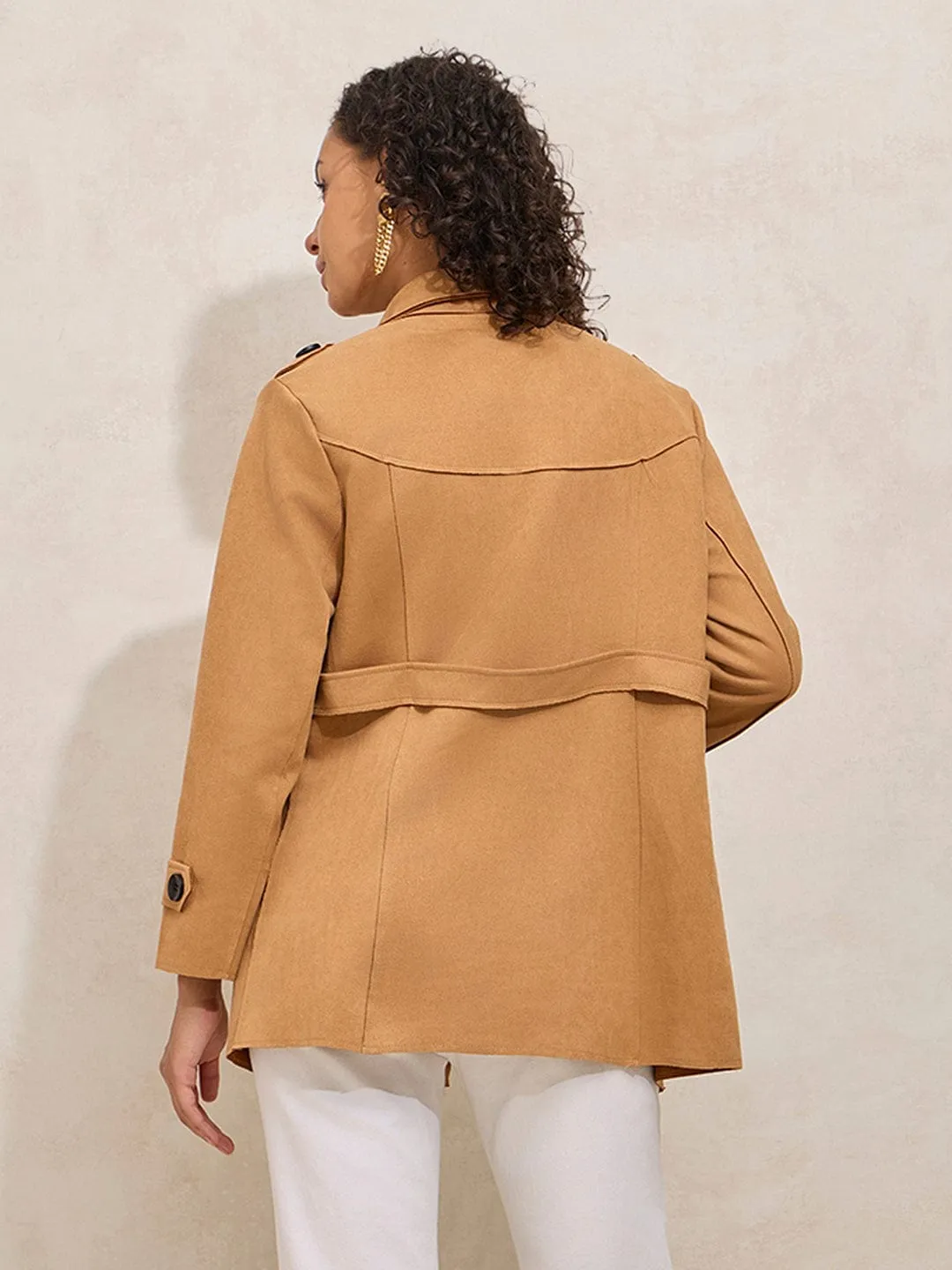 Multi Pocket Magnetic Closures Women's Brown Short Trench Coat