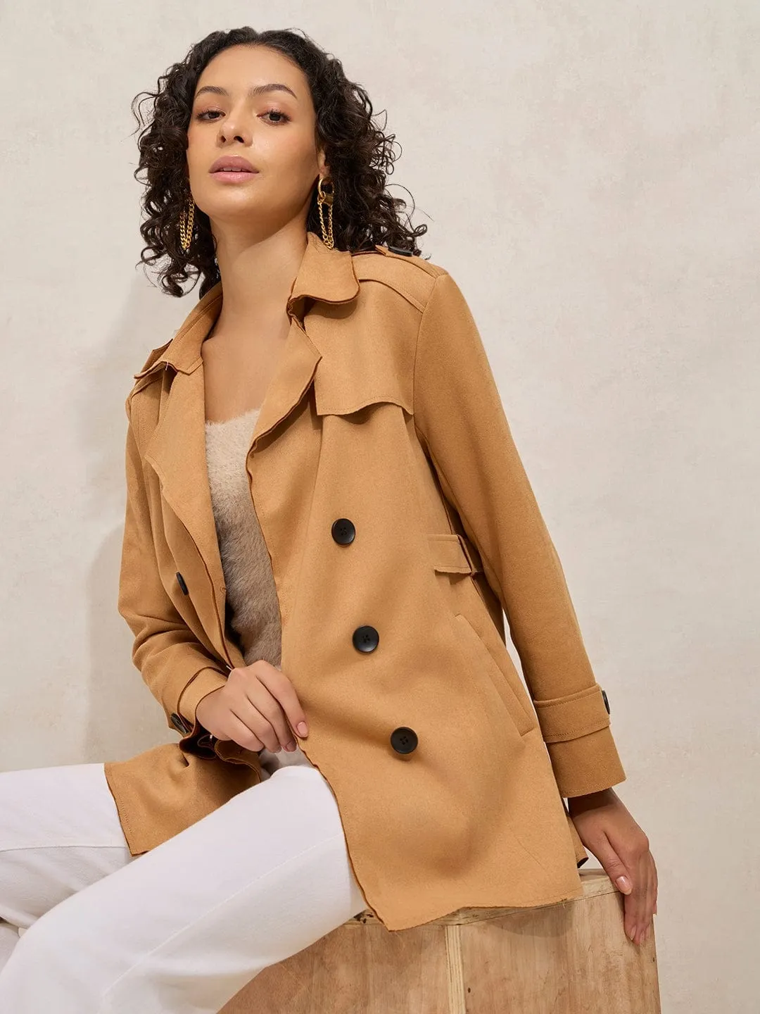 Women's Brown Short Trench Coat Subtle Design Detail Microfiber texture