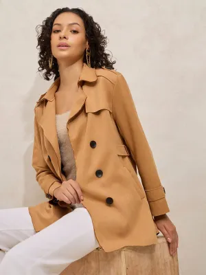 Women's Brown Short Trench Coat Subtle Design Detail Microfiber texture